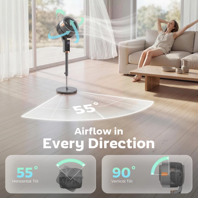 HOMCOM 20 dB Silent Standing Fan for Bedroom, 44" Pedestal Fan with 90° Oscillating, 8 Speeds and LED Light, Grey