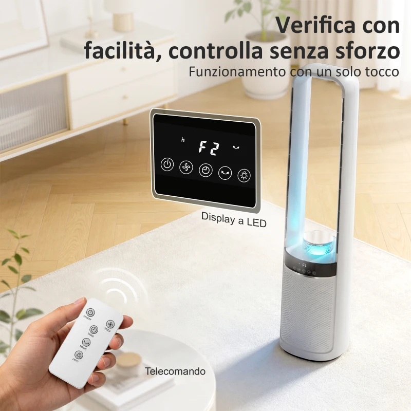 HOMCOM Ventilatore Torre Senza Pale, Silenzioso 36dB, 94 cm, Bianco, Camera da Letto
