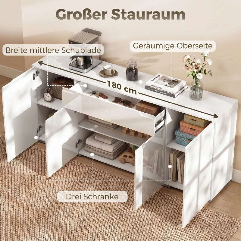 HOMCOM Hochglanz-Sideboard, moderne Kommode mit 4 Türen und verstellbaren Einlegeböden, Soft-Close-Funktion, Weiß