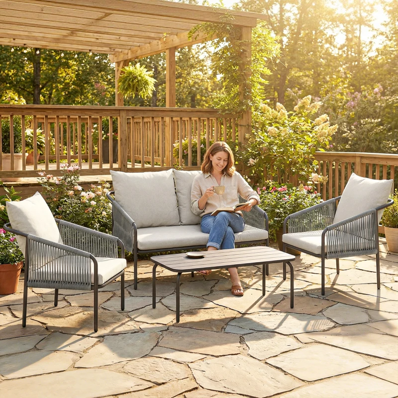 Outsunny Gartenmöbel Set 4-teilig Polyrattan Lounge-Set mit Zweisitzer 2 Sessel Couchtisch abnehmbar Kissen Bindebändern