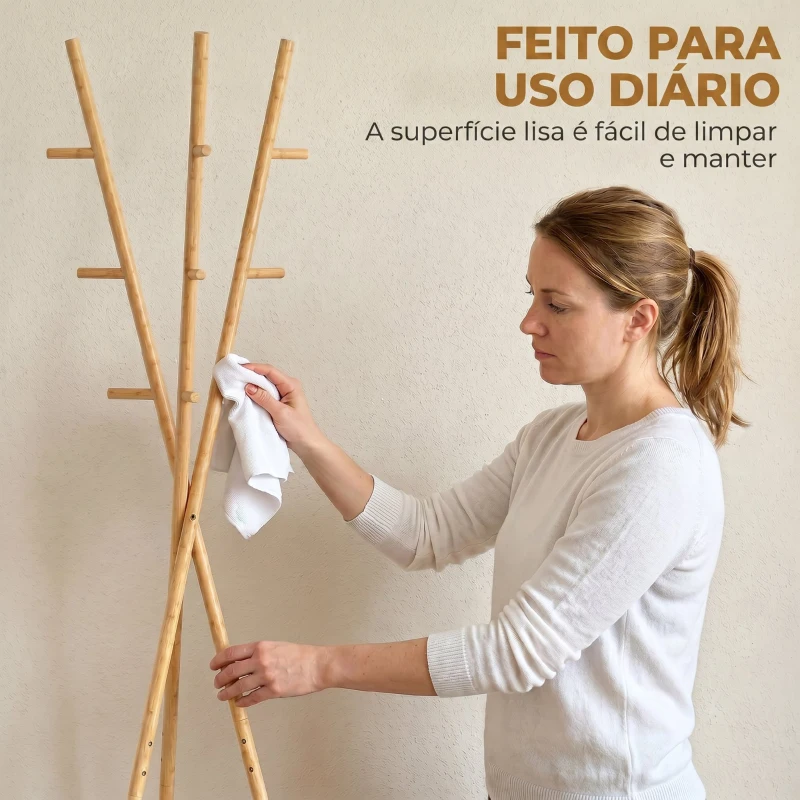 HOMCOM Cabide de Pé em Bambu Cabide para Roupas com 2 Prateleiras e 9 Ganchos Design Elegante 58,5x58,5x176 cm Madeira