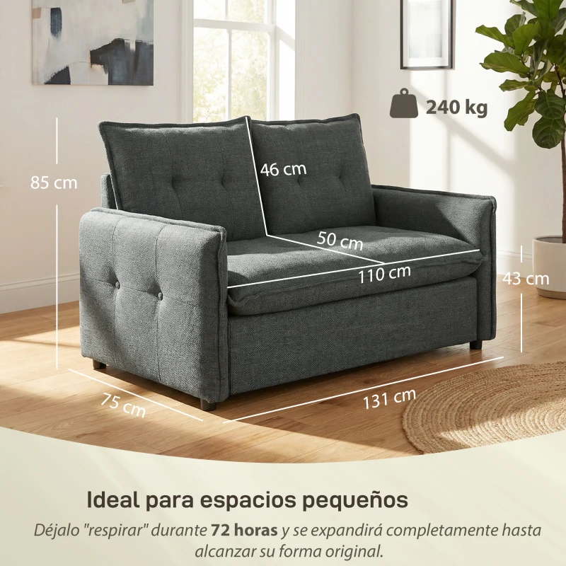 HOMCOM Sofá de 2 Plazas Tapizado en Lino con Acolchado Grueso, Diseño Capitoné para Espacios Pequeños 131x75x85 cm Gris Oscuro