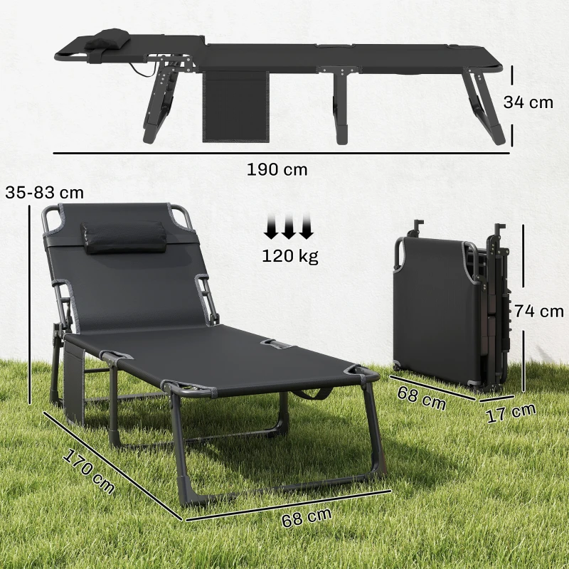 Outsunny Sonnenliege Klappbar Breite Gartenliege mit 5-fach Verstellbar Rückenlehne gepolsterter Matratze Kopfstütze Seitentasche