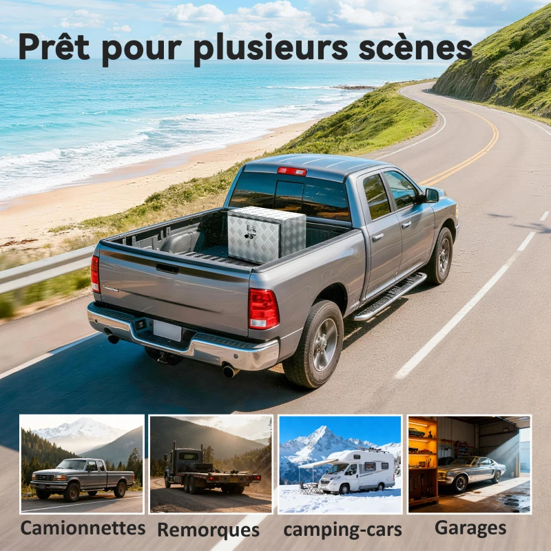 HOMCOM Boîte à outils pour camion en aluminium, 60,9 x 35,5 x 40,6 cm, coffre de rangement 76 L avec serrure et clés, argent