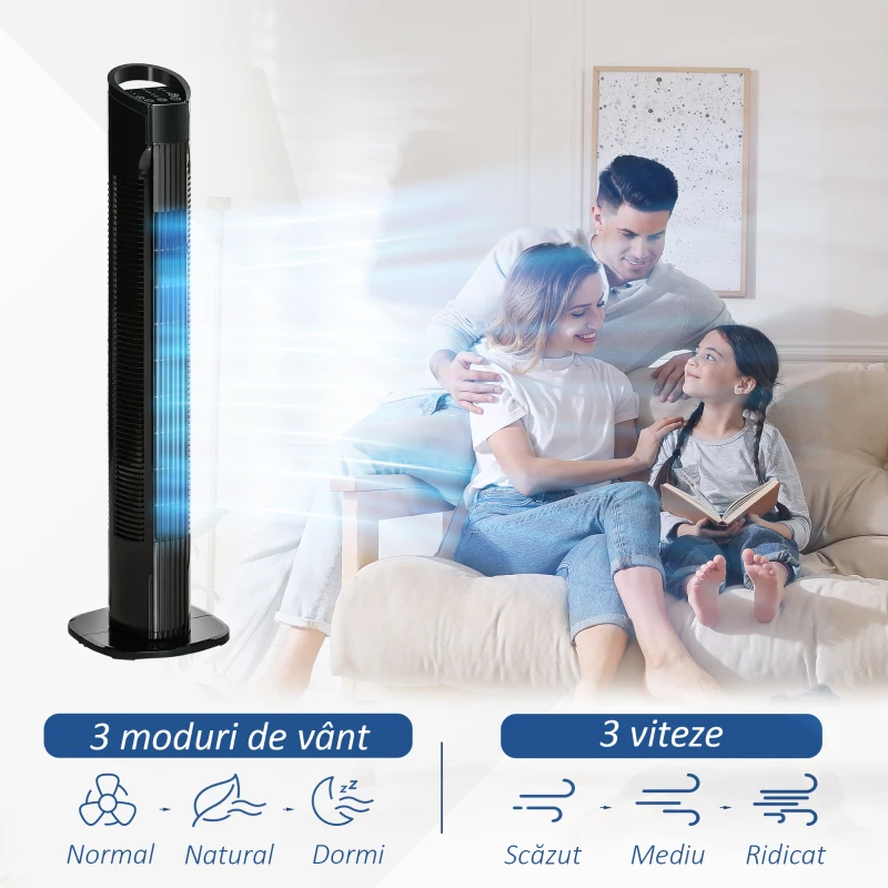 HOMCOM, Ventilator de Turn, 3 Funcții și 3 Viteze, Plastic PP, 20 x 20 x 78,5 cmm, Negru
