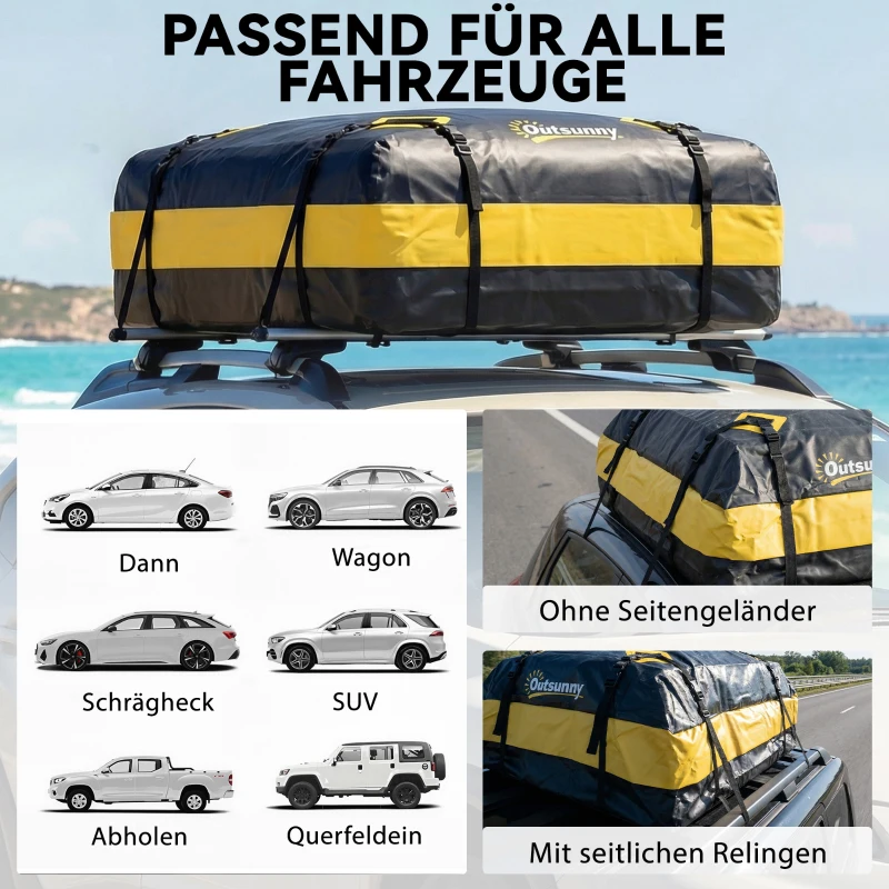 Outsunny Waterdichte dakkoffer auto 425L voor voertuigdaken met/zonder dakdrager bagagebox met 8 versterkte riemen deurhaken geel