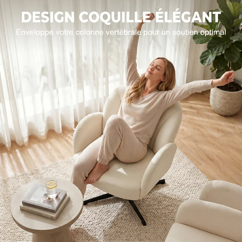 HOMCOM Fauteuil salon pivotant fauteuil d'appoint rembourré en velours dossier en forme de coquille coussin à ressorts beige