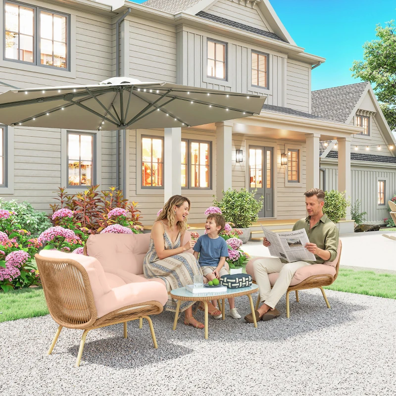 Outsunny Conjunto de Muebles de Jardín de Rattán de 4 Piezas con Cojines Sofá 2 Sillones y Mesa de Centro Beige