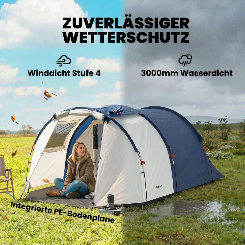 Outsunny Tunnelzelt 4 Personen Familienzelt mit Schlaf- und Wohnzimmer Fenstern Bodenplane Stehhöhe 3000 mm Wassersäule
