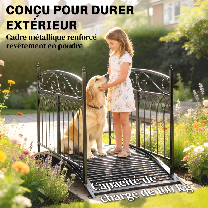 Outsunny Pont de Jardin en Métal Style Baroque Passerelle Décorative avec Garde-Corps 91cm et Charge 100kg Noir