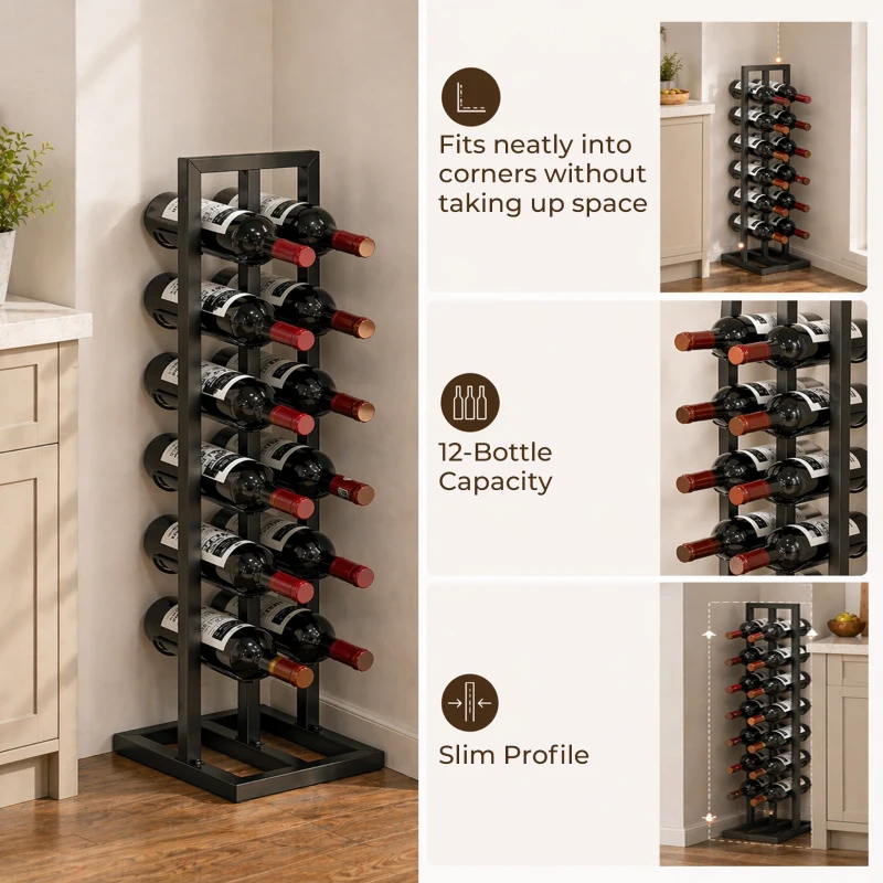 HOMCOM Suport din Metal, 12 Sticle, de Podea, Negru