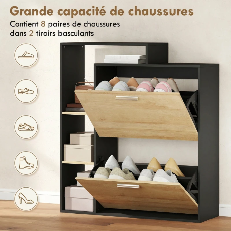 HOMCOM Meuble à chaussures 8 paires, armoire à chaussures étroite avec 2 tiroirs rabattables, 3 compartiments ouverts, noir