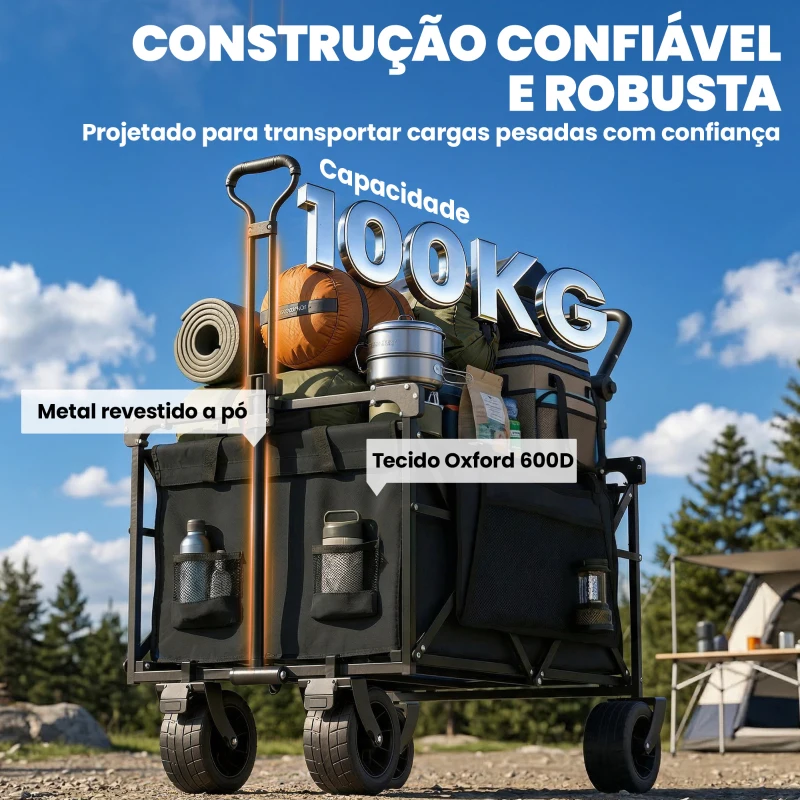 Outsunny Carrinho de Transporte com Rodas Grandes Travão Teto Amovível Carro Dobrável para Jardim com Barra Ajustável 125x59x133 cm Preto