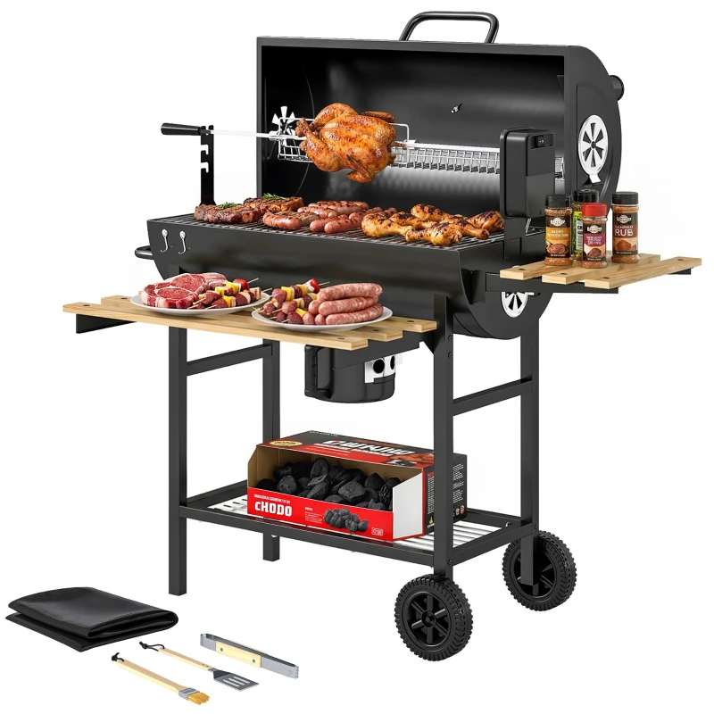 Outsunny Barbecue charbon de bois chariot de cuisson avec étagères pliables, thermomètre, roues, rôtisserie électrique, noir