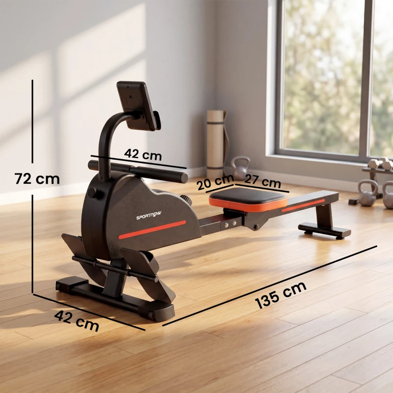SPORTNOW Magnet-Rudergerät Trainingsgerät mit Bluetooth, Kinomap & Zwift, 16 Widerstandsstufen, 135x42x72cm, Rot
