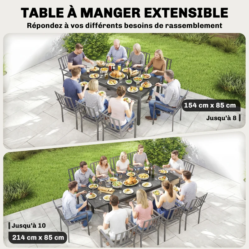 Outsunny Table de Jardin Extensible Plateau Aluminium Effet Bois Pieds Réglables 8-10 Personnes 214x85x75cm Gris Anthracite