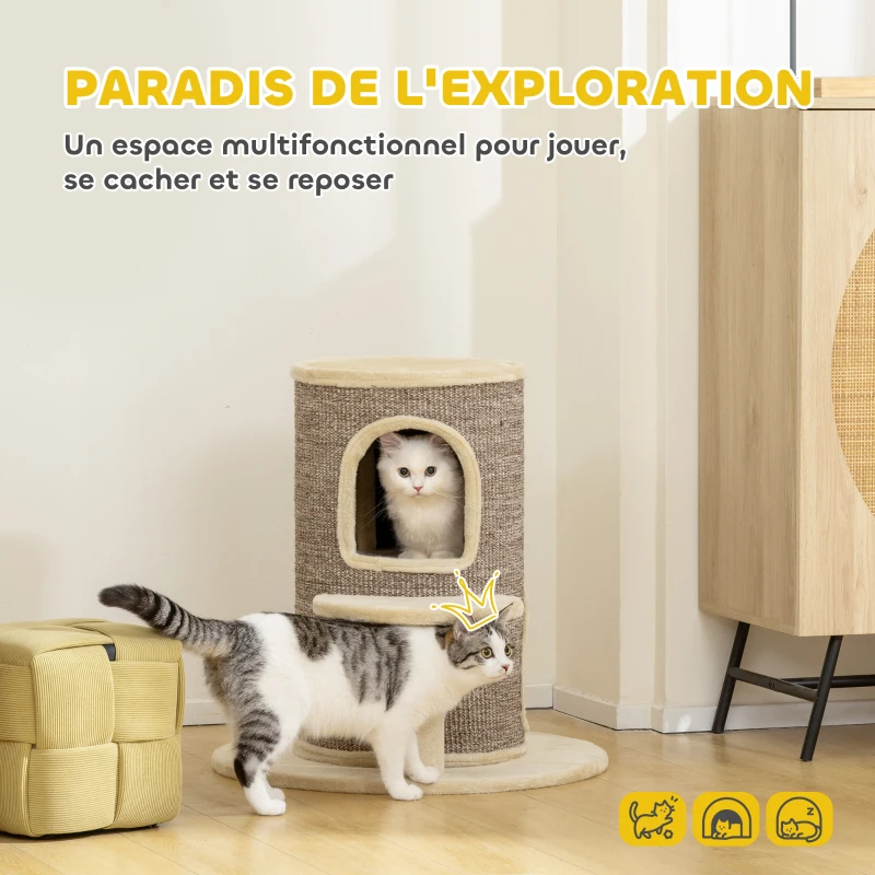 PawHut Tonneau à gratter tour à griffer pour chat 2 niveaux avec plate-forme parfait pour griffes & jeu 60 x 60 x 61 cm beige
