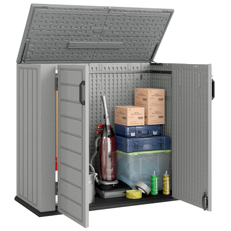 Outsunny Cobertizo de Jardín de HDPE 940L con Tapa Abatible 2 Puertas Cerradura Cobertizo de Jardín 142x67x119 cm Gris Claro