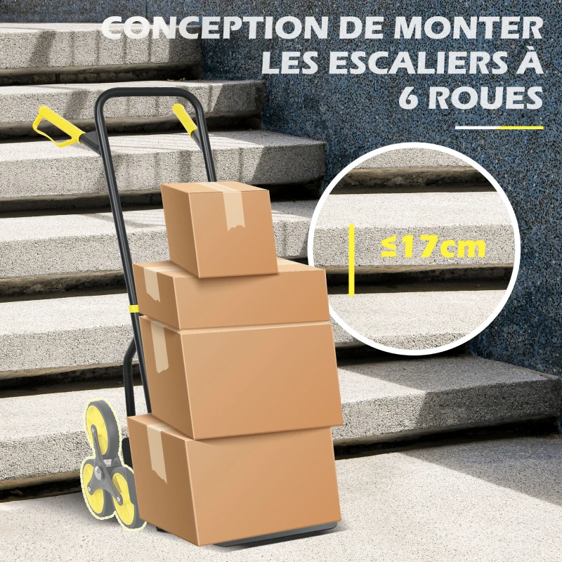 DURHAND Diable d'escalier pliable 120 kg 6 roues, diable demenagement en acier avec cordes télescopiques, 44x67x106,5cm, jaune