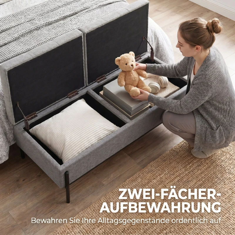 HOMCOM Sitztruhe aus Leinen, Bettbank mit 2 Fächern, klappbaren Deckeln und extra dicker Polsterung, 117 x 50 x 44 cm