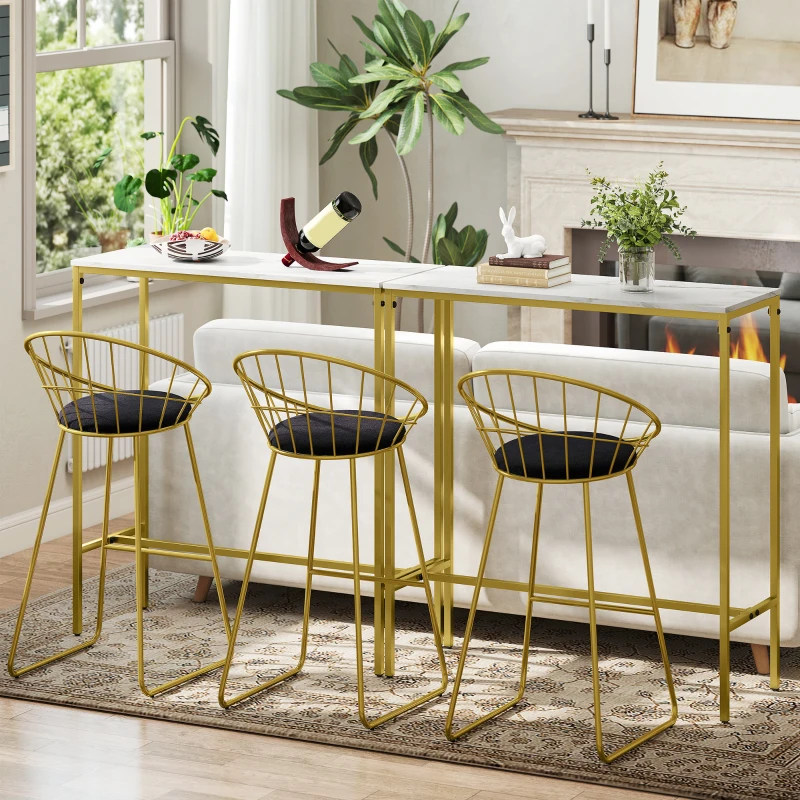 HOMCOM Table de bar rectangulaire avec plateau aspect effet marbre et cadre en acier, 100 x 40 x 107 cm, doré