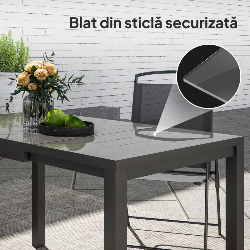 Outsunny Masă de Grădină Extensibilă 85/125 x 70 x 73 cm, Masă de Dining pentru 4-6 Persoane, Dreptunghiulară, din Aluminiu cu Blat din Sticlă, Pentru Patio Terasă Balcon Exterior, Gri Închis
