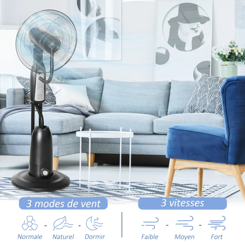 HOMCOM Ventilateur brumisateur roulettes 3 modes 3 vitesses, télécommande, minuterie, oscillation, tête inclinable, gris noir