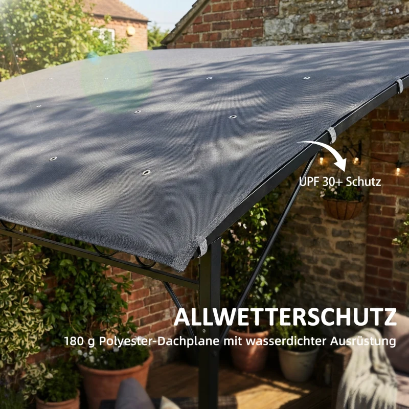 Outsunny Anbaupavillon Pergola mit Metallgestell Dach, wetterfest wandmontiert Pavillon Vordach 2,86 x 3,84 x 2,52 m Grau