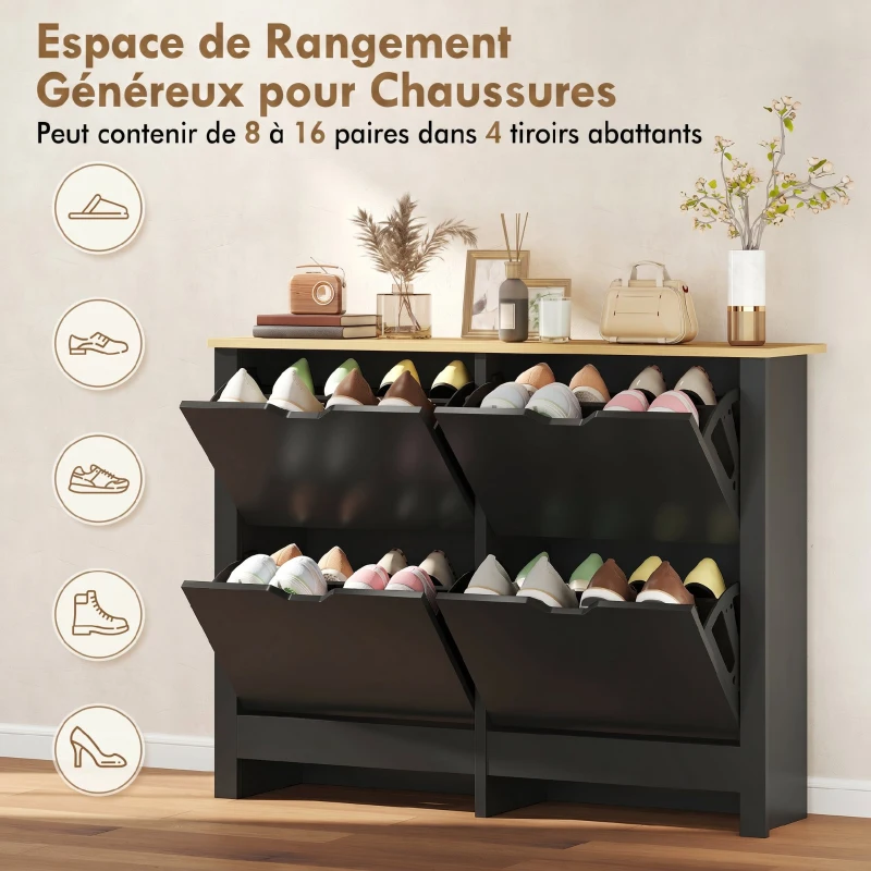 HOMCOM Meuble à chaussures 16 paires, armoire à chaussures avec 4 tiroirs rabattables étagères réglables, noir et bois naturel