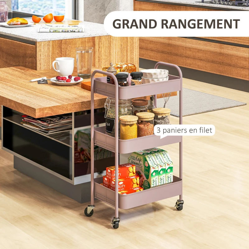 HOMCOM Desserte chariot de rangement en acier chariot de service à roulettes 3 plateaux ajourés 45 x 30,6 x 79 cm rose