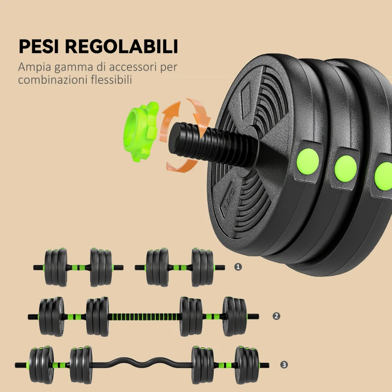 SPORTNOW Set Bilanciere con Pesi 3 in 1 da 16 Dischi e Impugnatura Antiscivolo, 140x20x20 cm, Verde