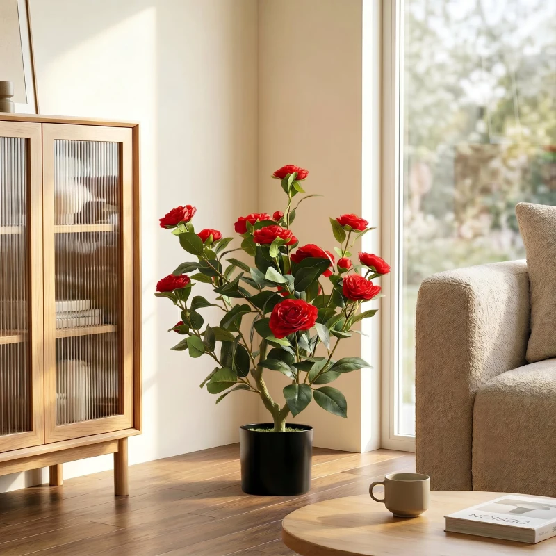 HOMCOM Planta Artificial de Camélia 65 cm com Flores Realistas de Seda 116 Folhas e Efeito de Musgo Vermelho