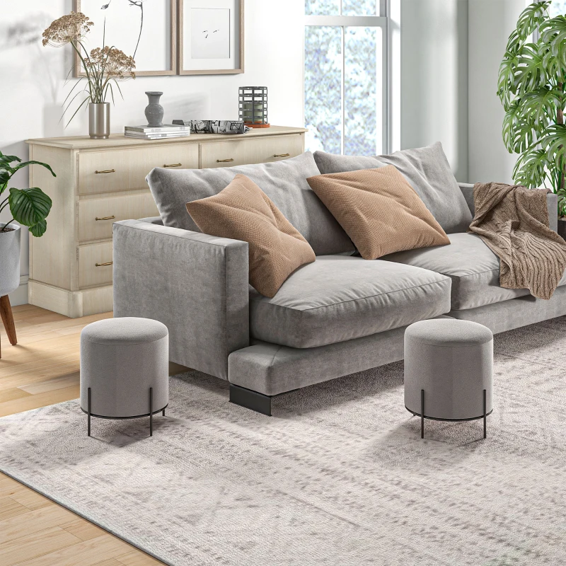 HOMCOM Lot de 2 poufs ottoman tabouret pouf repose-pied en velours pieds en acier pour salon chambre Ø 35 x 38 cm gris clair