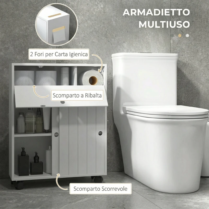 kleankin Mobile Bagno Stretto con Ruote, Ante Scorrevoli, Ripiani Regolabili e 2 Fori per Carta Igienica, Bianco