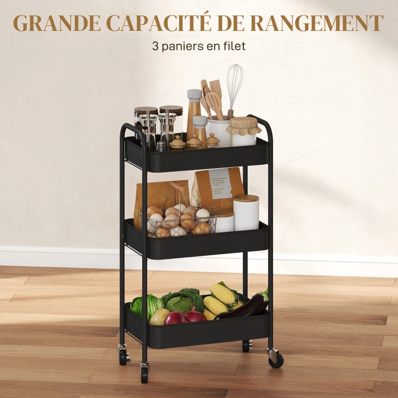HOMCOM Desserte chariot de rangement en acier chariot de service à roulettes 3 plateaux ajourés 45 x 30,6 x 79 cm noir