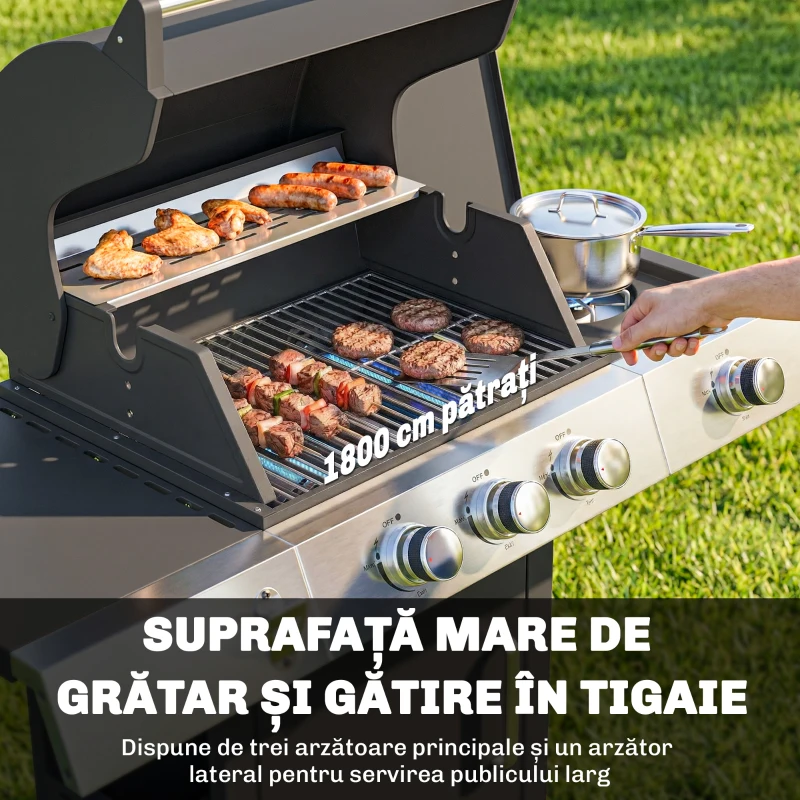 Outsunny Grătar pe Gaz, 3 Arzătoare, Arzător Lateral, Grătare din Fontă, Rafturi Laterale Incluse.