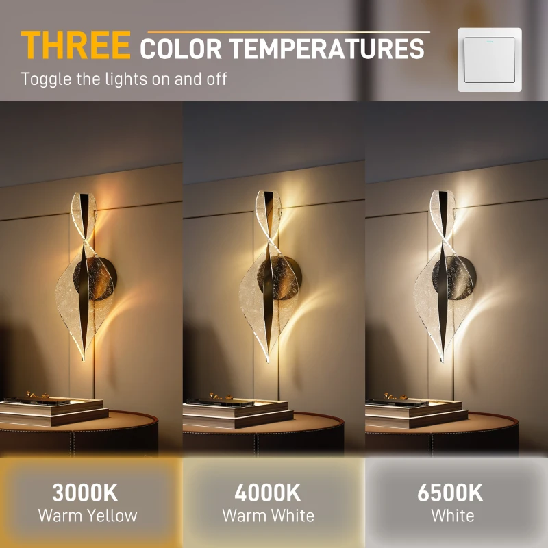 HOMCOM Led Wall Lamp 2 Pack, 13W Modern Indoor Spiral Wall Light, Colour Temperature Adjustable 3000K/4000K/6500K, for Bedroom, Living Room, Hallway, Stairs, Black