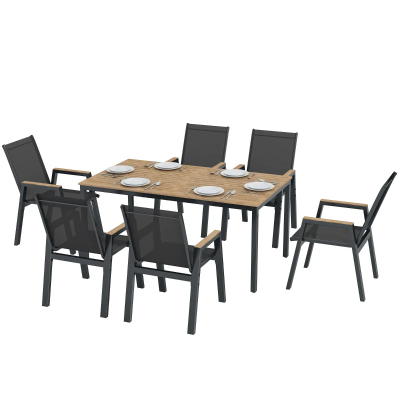 Outsunny Conjunto de Mesa y Sillas Jardín con Mesa con Tablero de Listones y 6 Sillas Transpirables para Terraza Patio Negro