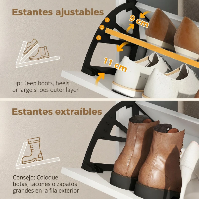 HOMCOM Mueble Zapatero Moderno con 2 Cajones Abatibles Armario y Estantes Ajustables para 10-14 Pares de Zapatos Blanco