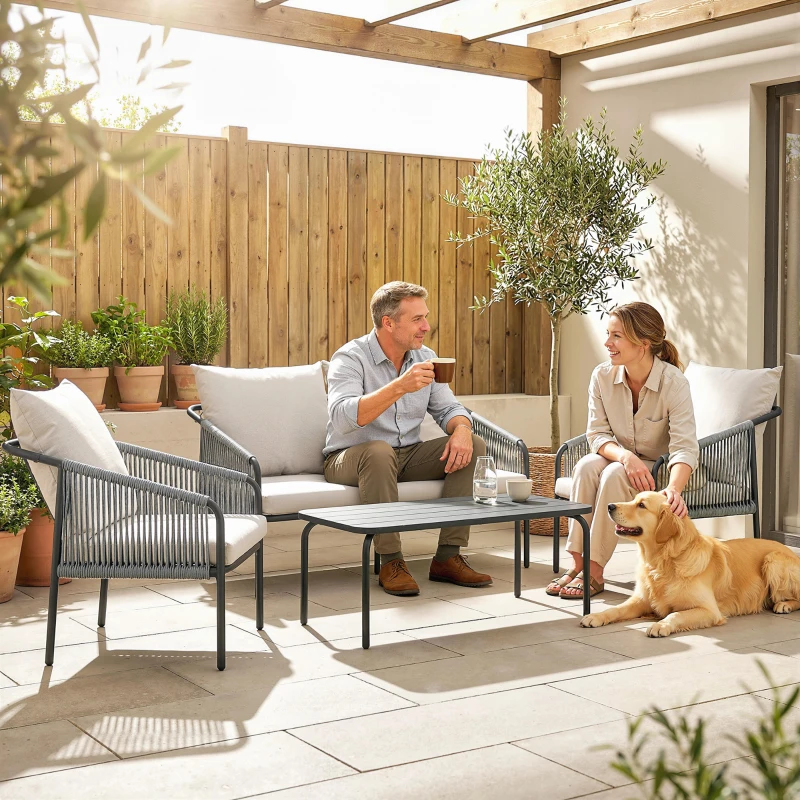 Outsunny Gartenmöbel Set 4-teilig Polyrattan Lounge-Set mit Zweisitzer 2 Sessel Couchtisch abnehmbar Kissen Bindebändern