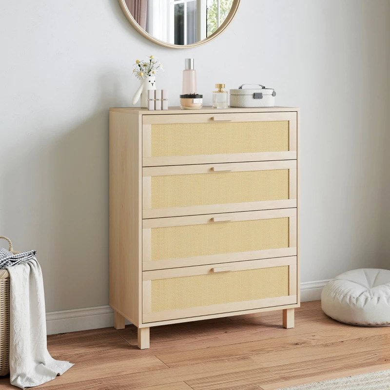 HOMCOM Commode 4 tiroirs cannage en rotin dim. 80L x 40l x 103H cm MDF Aspect Bois Clair