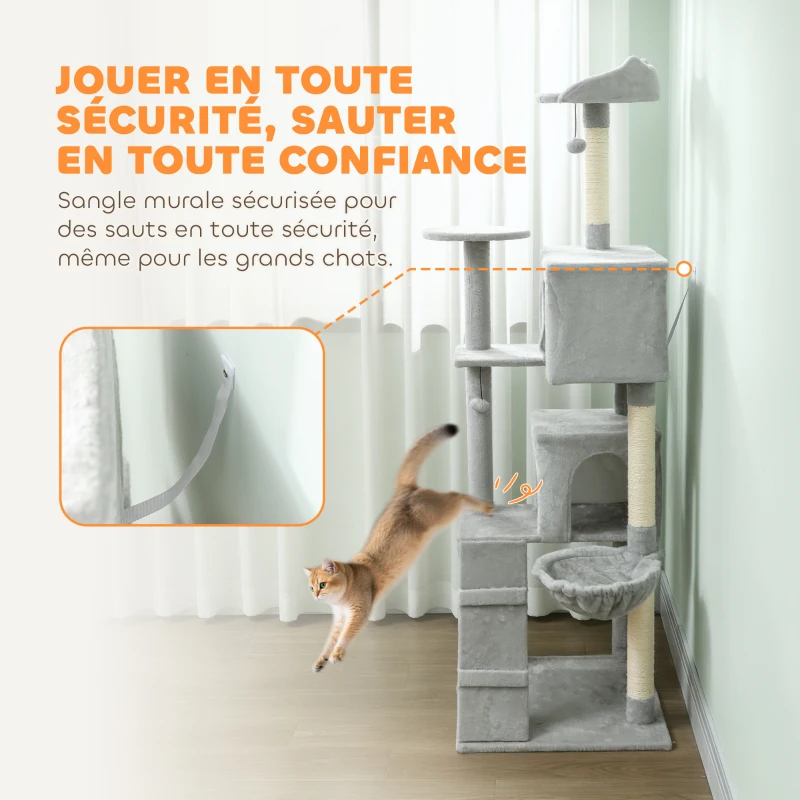 PawHut Arbre à chat tour de jeux pour chat, platesformes, niches, lit, hamac, échelle et griffoirs en sisal 56x56x180cm gris