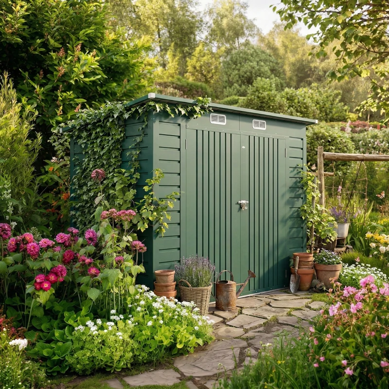 Outsunny 3.7 x 7.9ft Galvanised Steel Shed, with Latched Door and Padlock - Green
