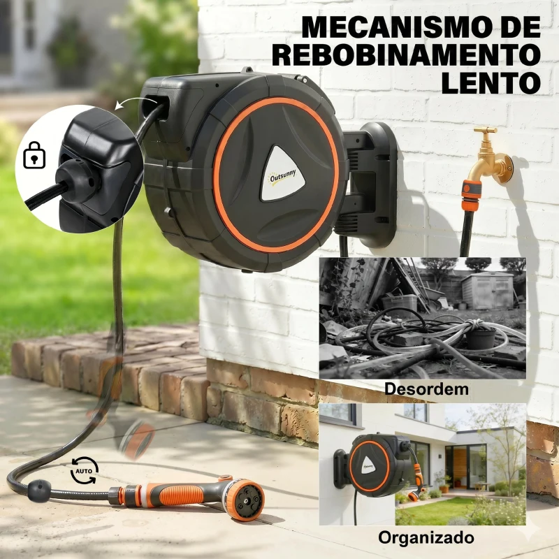 Outsunny Carretel de Mangueira para Jardim 28+2 m com 12 Modos de Pulverização Bloqueio Automático e Retracção Controlada Suporte Orientável 180° Laranja