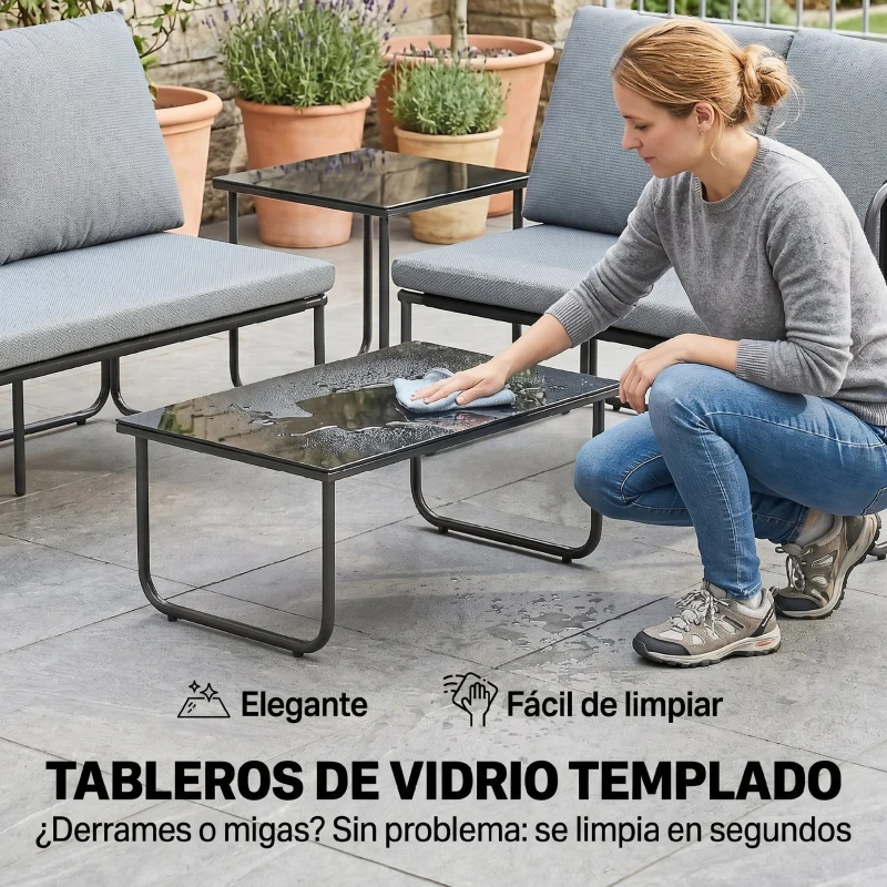 Outsunny Conjunto Jardín Exterior de 4 Piezas con 2 Sofás 2 Plazas 2 Mesas de Vidrio Cojines Fundas Extraíbles y Bolsillos Gris