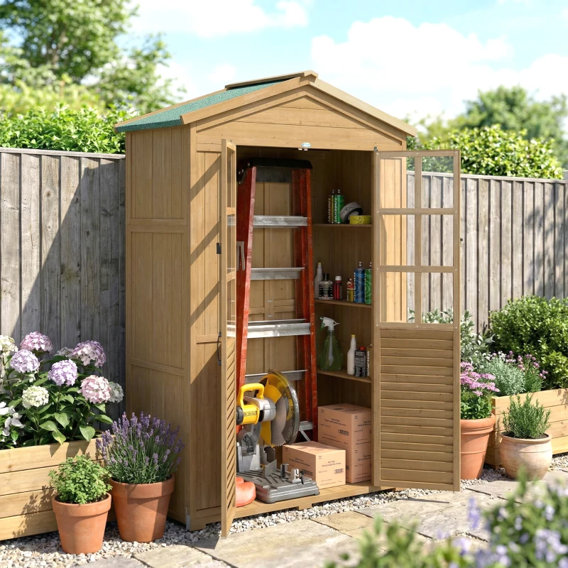 Outsunny Gartenschrank Holz mit Ablage Abschließbare Tür Bodenplatte Asphalt-Dach Belüftungspaneel 128x57,5x197cm
