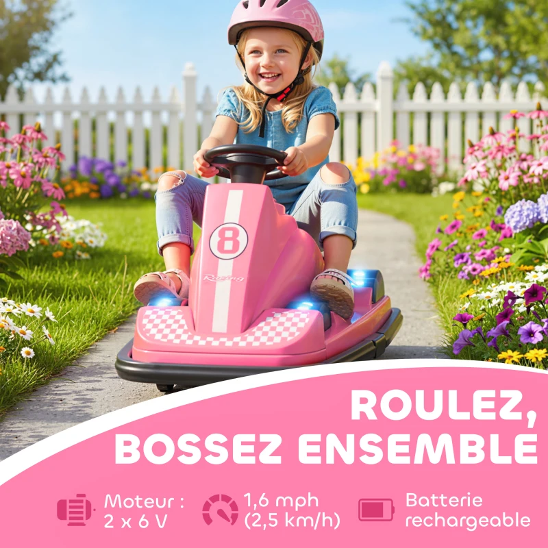 AIYAPLAY Auto-Tamponneuse Enfant 6V, Rotation à 360°, Musique, Klaxon, Démarrage Doux, 2,5 km/h, pour Âges 3-8, 74x53x48cm, Rose