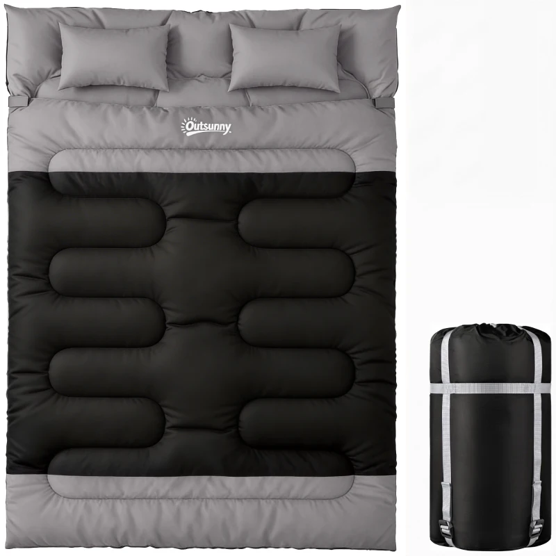 Outsunny Double Sleeping Bag with 2 Pillows, 220 x 160 cm Extra-Large Sleeping Bag for Adults, Black and Grey