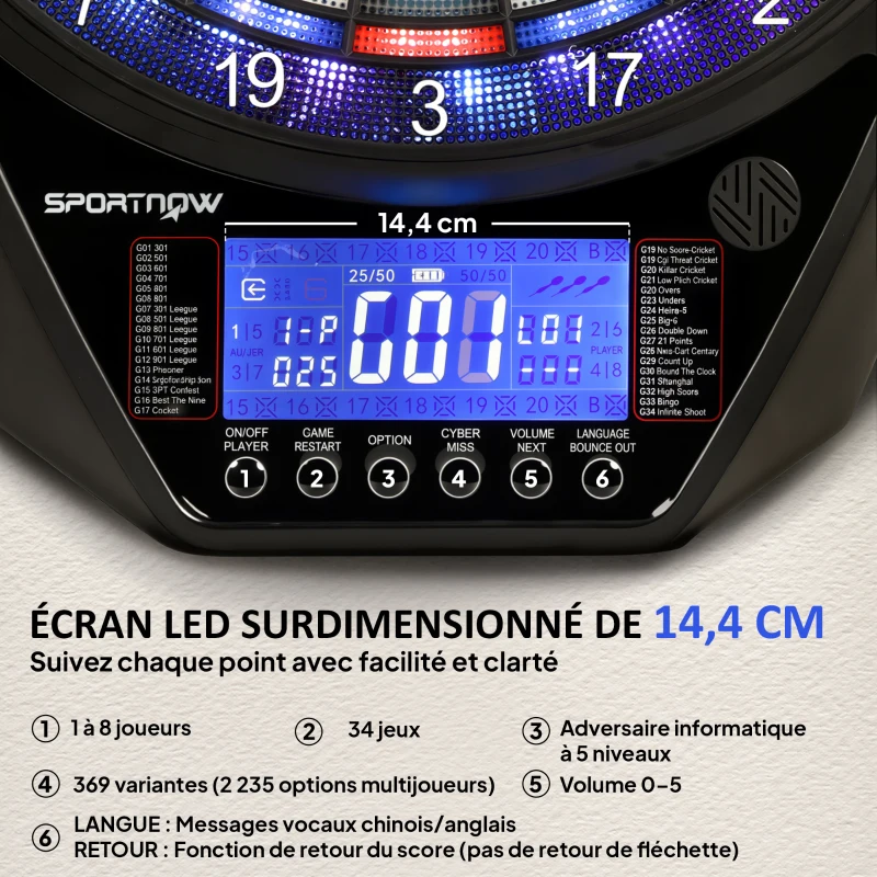 SPORTNOW Cible de Fléchettes Électronique Jeu de Fléchettes Électronique lumineuse écran LED surdimensionné rechargeable noir