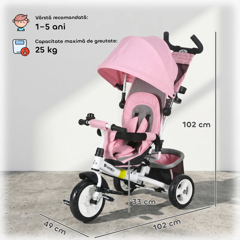 HOMCOM Triciclu pentru Copii 1-5 Ani cu Mâner Reglabil, Acoperiș Ajustabil, 102x49x102 cm, Alb și Roz